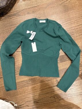 Babaton Teal-Green Ribbed Waist Long-Sleeve Top